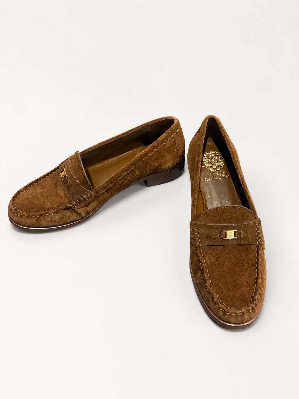 Vince Camuto Colin Brown Suede Penny Loafers Gold Bit Accent Women’s Size 7M NIB